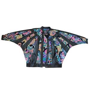 VTG 80s Judith Anne Creations Leather Bat Sleeve Floral Sequin Bomber Jacket